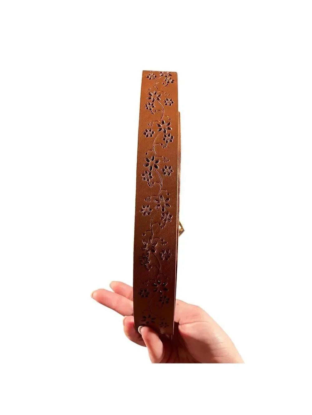 Brown Faux Leather Floral Cutout Heart Buckle Belt